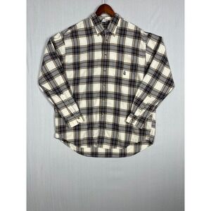 Nautica Relaxed Button Down Mens L Plaid 90s Fit Cream Blue Long Sleeve Cotton